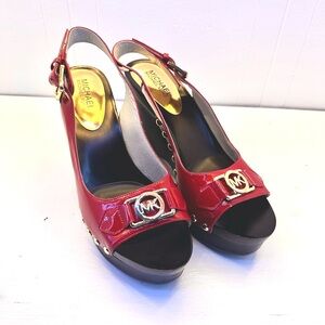 Michael Kors Red Patent Leather Platform Wedge Sandals Gold MK Logo Studded 9M